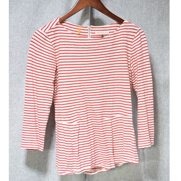 Rebecca Taylor Red & White Striped Peplum Top with Elbow Patches – Size Small - Picture 1 of 3